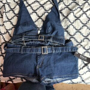 EDGE Blue Denim Halter Playsuit with Belt